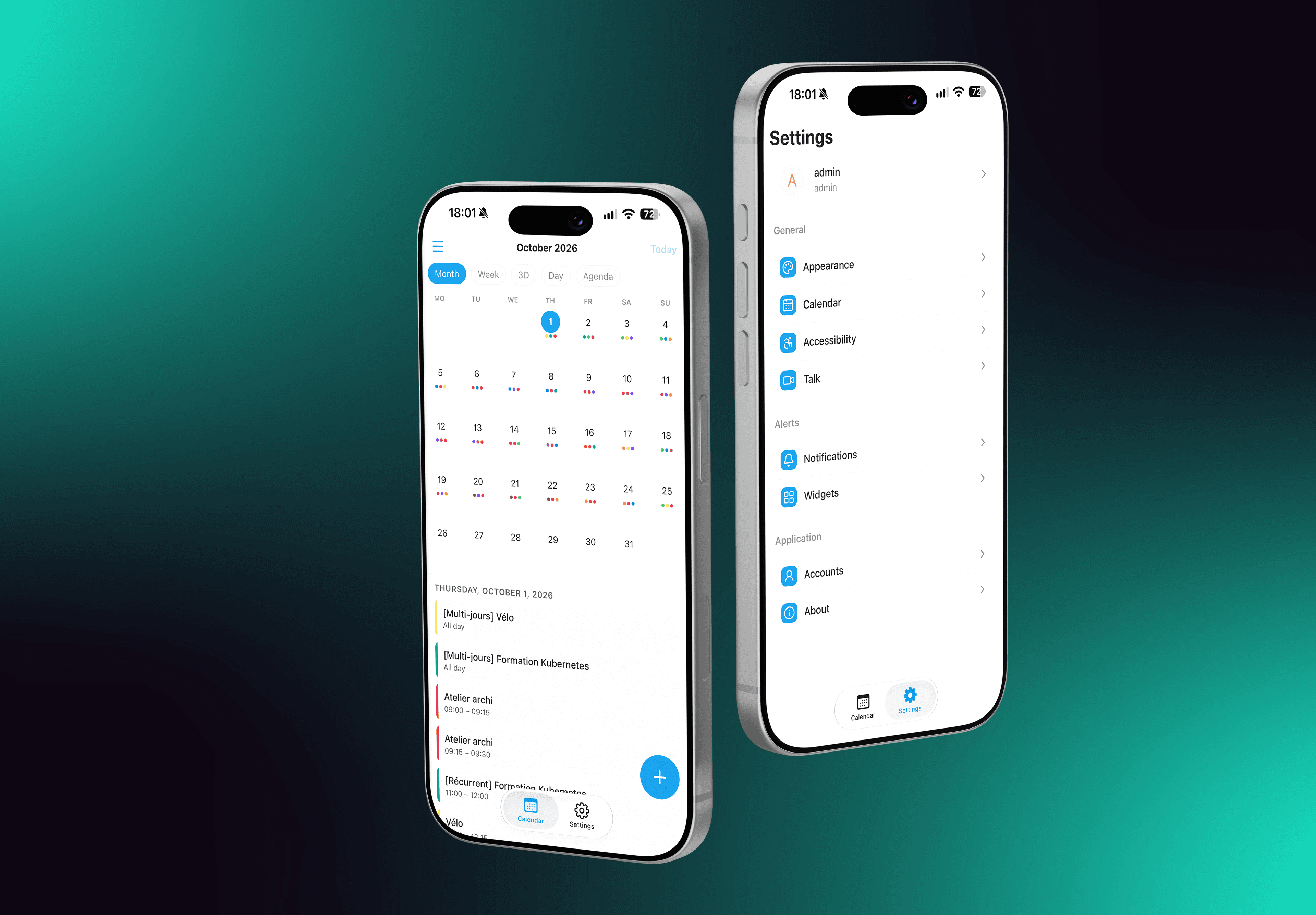 Nextcloud Calendar Mobile - Vue mois et paramètres