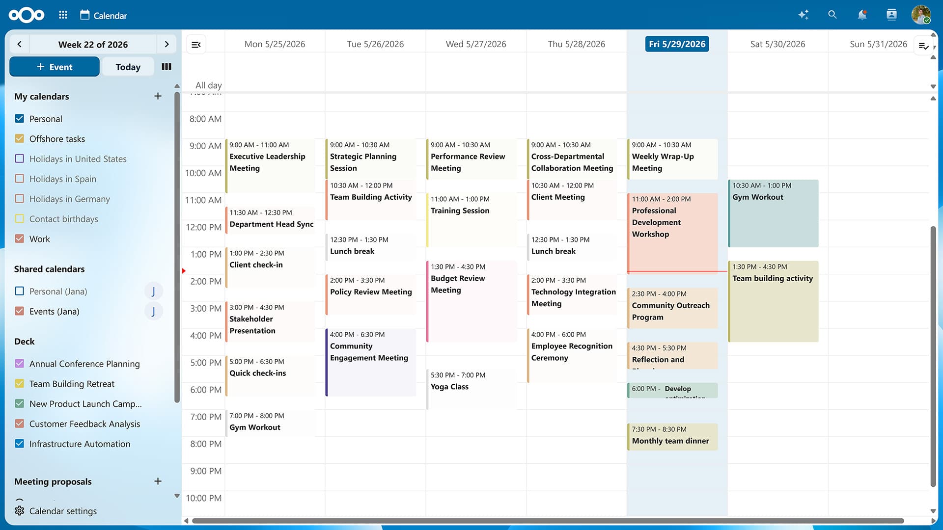 Nextcloud Calendar : agenda partagé et rendez-vous de la semaine.