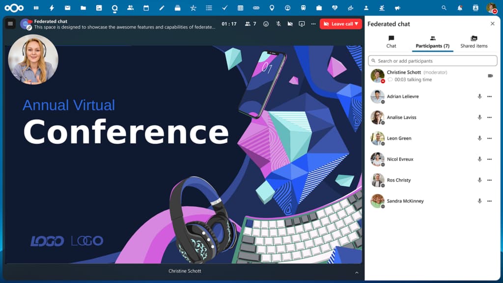 Nextcloud Talk : visioconférence et liste des participants.