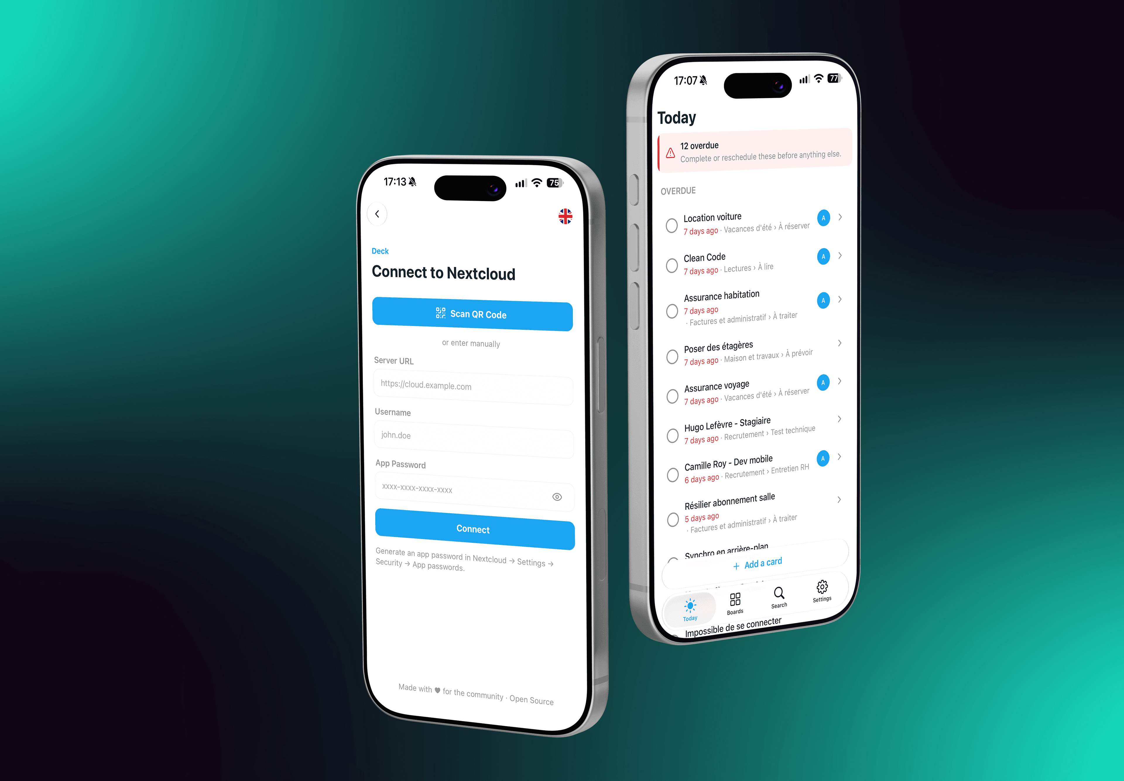 Nextcloud Deck Mobile - Connexion et vue Aujourd'hui sur iPhone